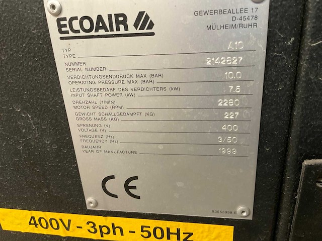 1999 ecoair a10 schroefcompressor - afbeelding 4 van  5