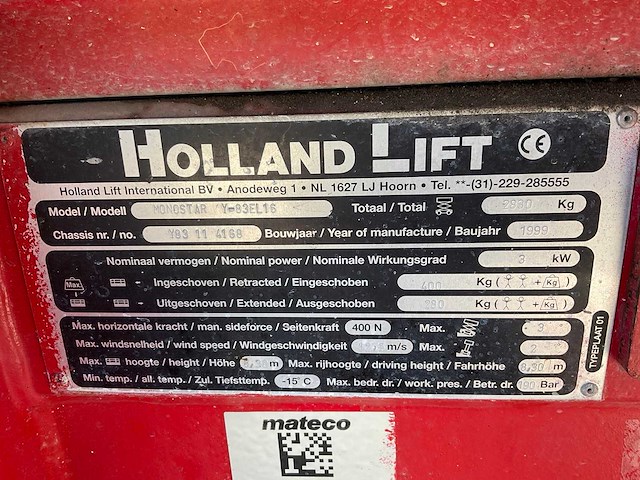 1999 holland lift monostar y-83el16 hoogwerker - afbeelding 7 van  16