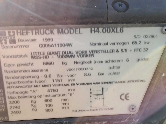 1999 hyster h4.00 xl6 vorkheftruck - afbeelding 9 van  9