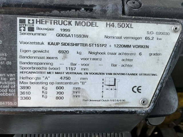 1999 hyster h4.50xl vorkheftruck - afbeelding 6 van  13