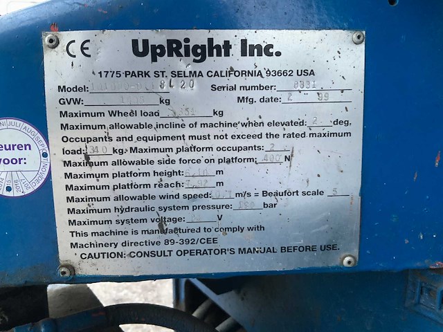 1999 upright sl20 hoogwerker - afbeelding 10 van  20