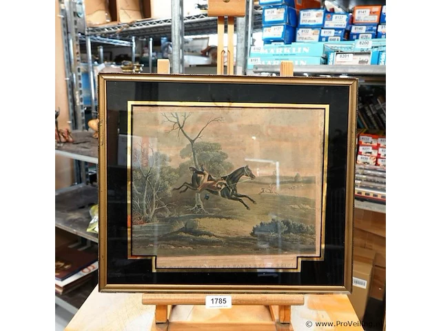 19e-eeuwse handgekleurde aquatint getiteld "he's off! no, he's on! he hangs by the rein!", uit de serie hunting recollections na het werk van john ferneley i en gegraveerd door edward duncan - afbeelding 1 van  5