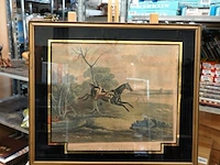 19e-eeuwse handgekleurde aquatint getiteld "he's off! no, he's on! he hangs by the rein!", uit de serie hunting recollections na het werk van john ferneley i en gegraveerd door edward duncan