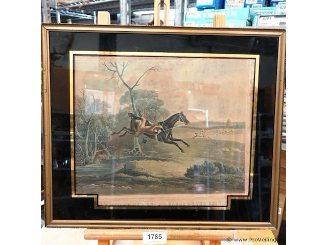 19e-eeuwse handgekleurde aquatint getiteld "he's off! no, he's on! he hangs by the rein!", uit de serie hunting recollections na het werk van john ferneley i en gegraveerd door edward duncan - afbeelding 2 van  5