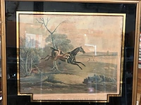19e-eeuwse handgekleurde aquatint getiteld "he's off! no, he's on! he hangs by the rein!", uit de serie hunting recollections na het werk van john ferneley i en gegraveerd door edward duncan - afbeelding 2 van  5