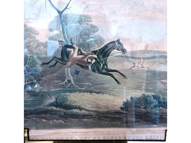 19e-eeuwse handgekleurde aquatint getiteld "he's off! no, he's on! he hangs by the rein!", uit de serie hunting recollections na het werk van john ferneley i en gegraveerd door edward duncan - afbeelding 3 van  5