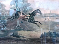 19e-eeuwse handgekleurde aquatint getiteld "he's off! no, he's on! he hangs by the rein!", uit de serie hunting recollections na het werk van john ferneley i en gegraveerd door edward duncan - afbeelding 3 van  5