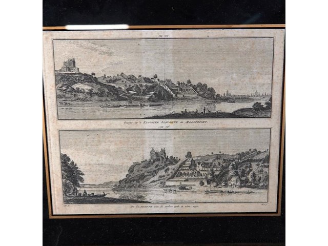 2 antieke etsen gezigt op voorzijde 't klooster alavante in maastricht en achterzijde - afbeelding 2 van  5