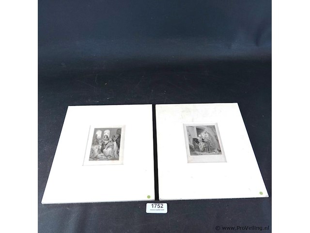2 antieke gravures in passe-partout - afbeelding 1 van  5