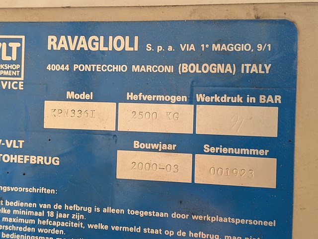 2-koloms autohefbrug, 2500 kilo, ravaglioli, kpn 336i, 2000 - afbeelding 13 van  14