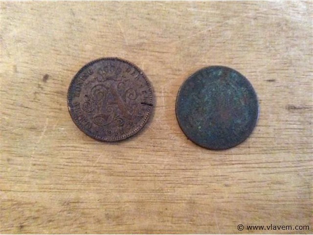 2 munten belgië 2cent 1911 + - afbeelding 2 van  2