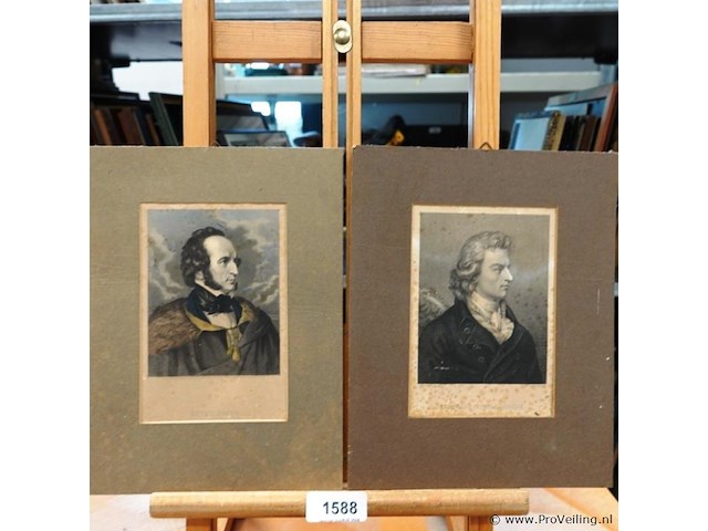 2 oude drukken met portret van mendelssohn en friedrich schiller. in passe-partout - afbeelding 1 van  5