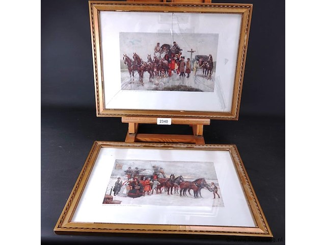 2 oude prenten in passe-partout, achter glas en in houten lijst - afbeelding 1 van  5