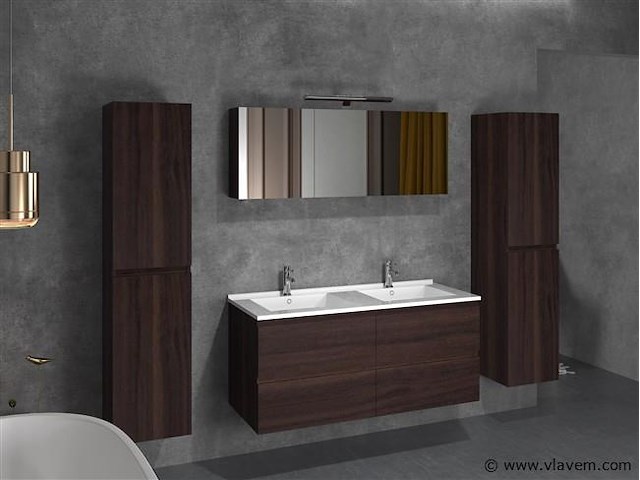 2-persoons badkamermeubel 120 cm donker hout decor - incl. kranen - afbeelding 1 van  4