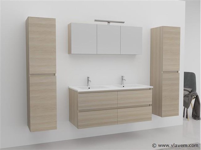 2-persoons badkamermeubel 120 cm licht hout decor - incl. kranen - afbeelding 2 van  6