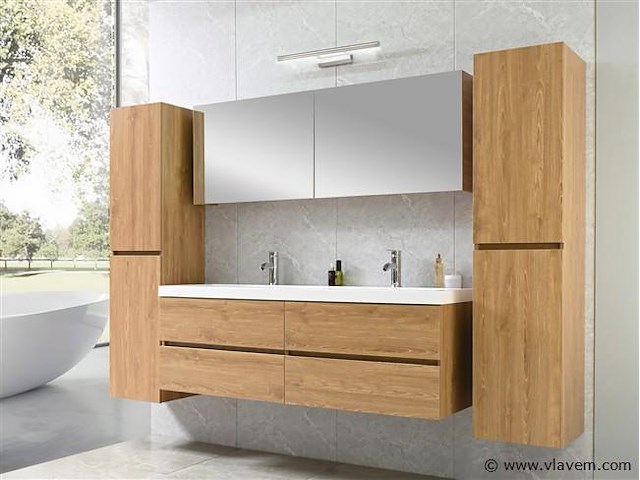 2-persoons badkamermeubel 145 cm licht hout decor - incl. kranen - afbeelding 5 van  12