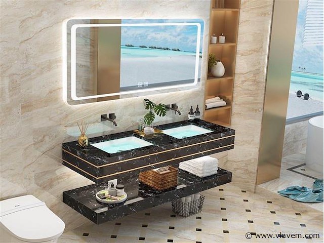 2-persoons badkamermeubel 150 cm zwart marmer - incl. kranen - afbeelding 3 van  4