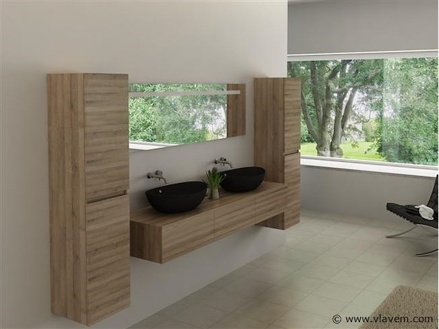 2-persoons badkamermeubel 180 cm licht hout decor - incl. kranen - afbeelding 1 van  5