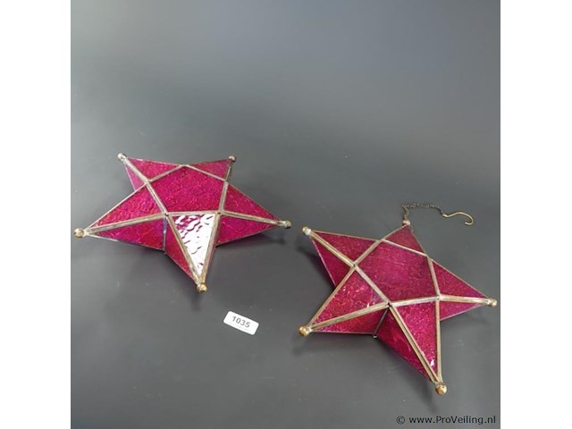2 vintage stervormige lampen gemaakt van rood gestructureerd glas in kopermontuur - afbeelding 1 van  5