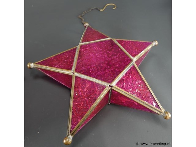 2 vintage stervormige lampen gemaakt van rood gestructureerd glas in kopermontuur - afbeelding 3 van  5