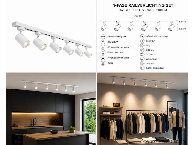 2 x 1-fase railverlichting set – 2 meter – wit – inclusief 6 x gu10 railspots - afbeelding 5 van  5