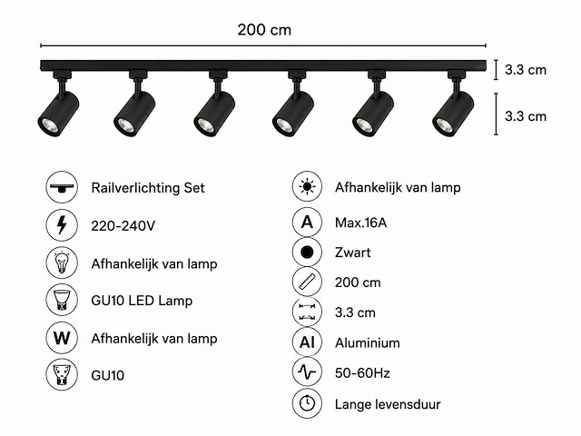 2 x 1-fase railverlichting set – 2 meter – zwart – inclusief 6 x gu10 railspots - afbeelding 4 van  5