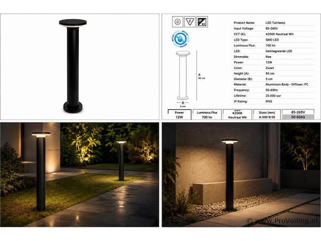 2 x led buiten sokkel lamp – 12w – 4200k neutraal wit - zwart – ip65 – dexter-3 - afbeelding 5 van  5