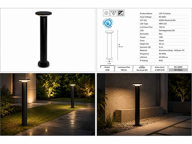 2 x led buiten sokkel lamp – 12w – 4200k neutraal wit - zwart – ip65 – dexter-3 - afbeelding 2 van  10
