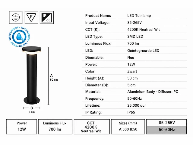 2 x led buiten sokkel lamp – 12w – 4200k neutraal wit - zwart – ip65 – dexter-3 - afbeelding 5 van  10