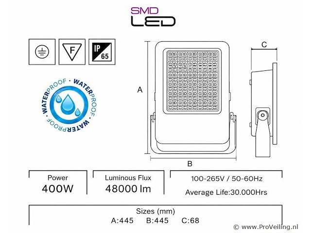 2 x led floodlight 400w – 6400k koud wit - zwart – ip65 – borneo-400 - afbeelding 4 van  5