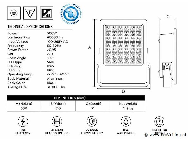2 x led floodlight 500w – 6400k koud wit - zwart – ip65 – borneo-500 - afbeelding 4 van  5