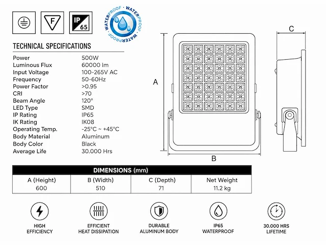 2 x led floodlight 500w – 6400k koud wit - zwart – ip65 – borneo-500 - afbeelding 4 van  5