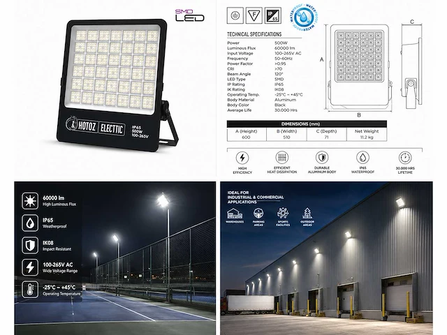 2 x led floodlight 500w – 6400k koud wit - zwart – ip65 – borneo-500 - afbeelding 5 van  5