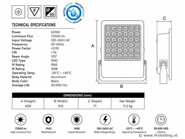2 x led floodlight 600w – 6400k koud wit - zwart – ip65 – borneo-600 - afbeelding 4 van  5