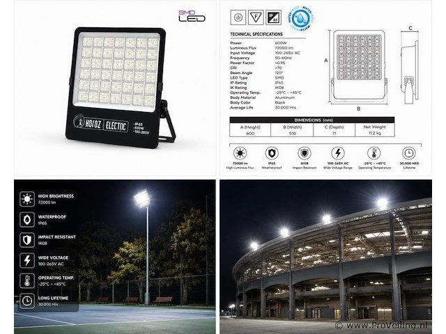 2 x led floodlight 600w – 6400k koud wit - zwart – ip65 – borneo-600 - afbeelding 5 van  5