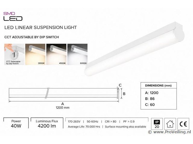 2 x led linear hanglamp 40w – 3cct instelbaar - wit – avenue 3cct - afbeelding 4 van  5