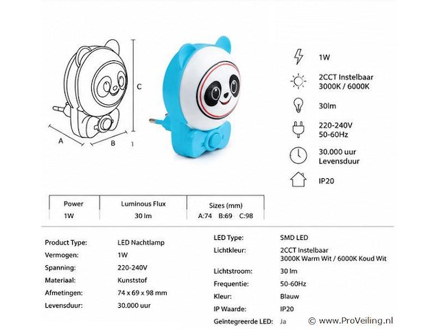 2 x led nachtlamp 1w – 2cct instelbaar - panda design – ip20 – andy 2cct - afbeelding 4 van  5