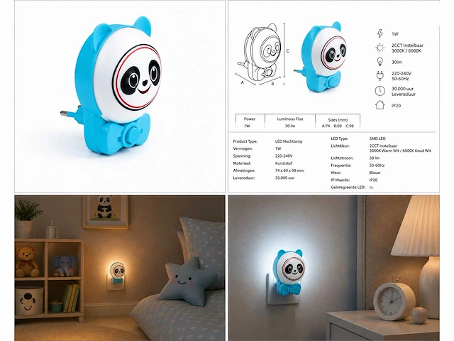 2 x led nachtlamp 1w – 2cct instelbaar - panda design – ip20 – andy 2cct - afbeelding 7 van  15