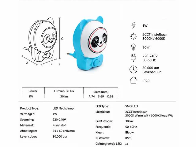 2 x led nachtlamp 1w – 2cct instelbaar - panda design – ip20 – andy 2cct - afbeelding 10 van  15