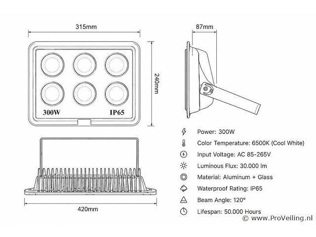 2 x led schijnwerper 300w – 6500k koud wit – ip65 – eyes-300 - afbeelding 4 van  5