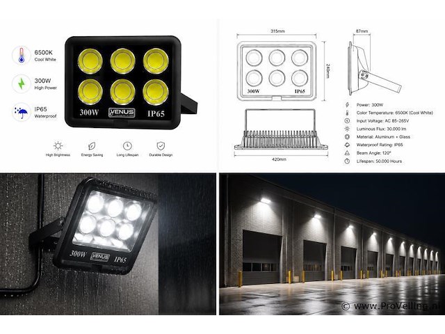 2 x led schijnwerper 300w – 6500k koud wit – ip65 – eyes-300 - afbeelding 5 van  5