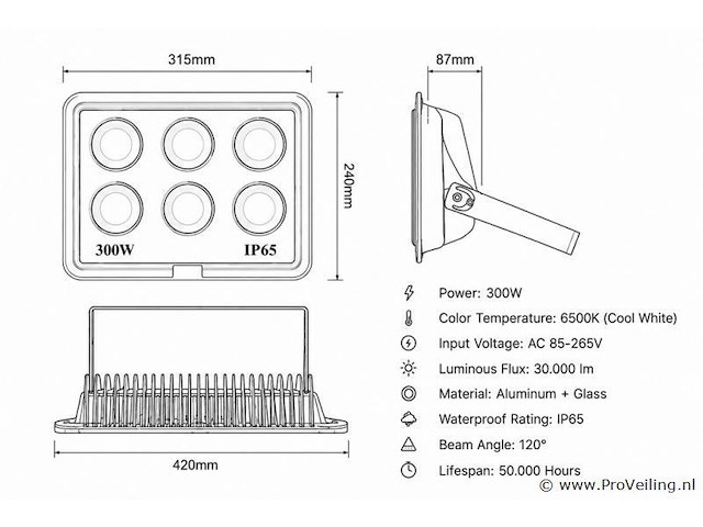 2 x led schijnwerper 300w – 6500k koud wit – ip65 – eyes-300 - afbeelding 4 van  5