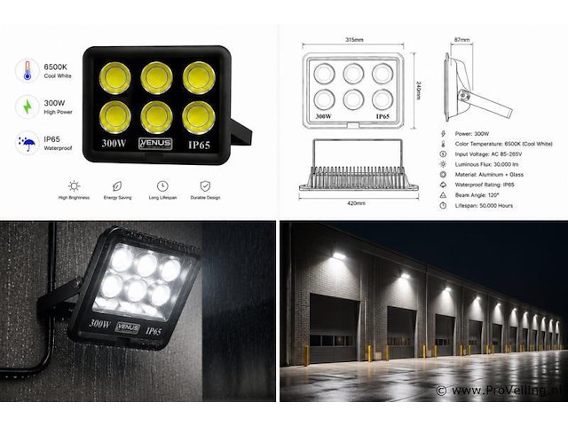 2 x led schijnwerper 300w – 6500k koud wit – ip65 – eyes-300 - afbeelding 5 van  5