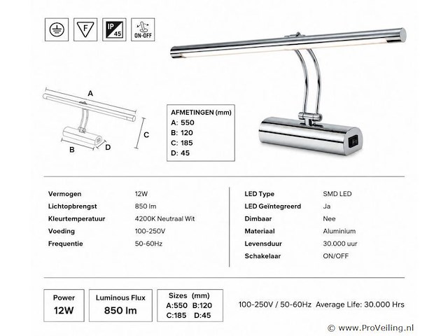 2 x led spiegel / schilderijlamp 12w – 4200k neutraal wit - chroom – ip45 – anka-12 - afbeelding 4 van  5