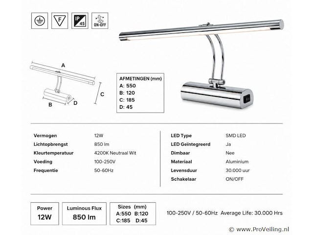 2 x led spiegel / schilderijlamp 12w – 4200k neutraal wit - chroom – ip45 – anka-12 - afbeelding 4 van  5