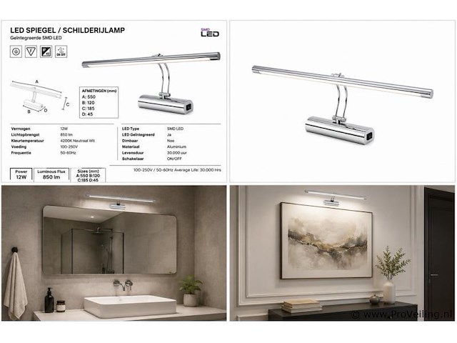 2 x led spiegel / schilderijlamp 12w – 4200k neutraal wit - chroom – ip45 – anka-12 - afbeelding 5 van  5