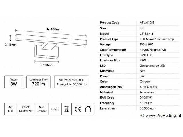 2 x led spiegel / schilderijlamp 12w – 4200k neutraal wit - chroom – ip45 – leylek-12 - afbeelding 4 van  5