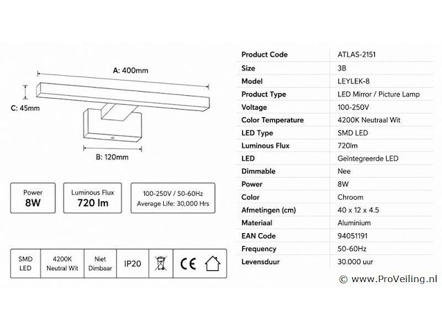 2 x led spiegel / schilderijlamp 12w – 4200k neutraal wit - chroom – ip45 – leylek-12 - afbeelding 4 van  5
