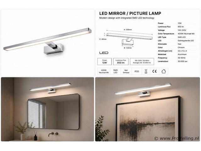 2 x led spiegel / schilderijlamp 12w – 4200k neutraal wit - chroom – ip45 – leylek-12 - afbeelding 5 van  5
