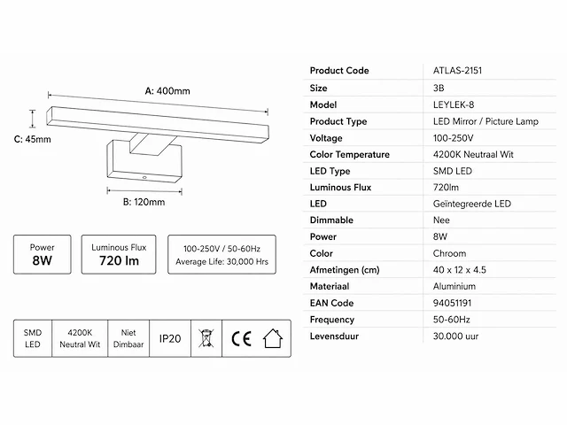 2 x led spiegel / schilderijlamp 12w – 4200k neutraal wit - chroom – ip45 – leylek-12 - afbeelding 4 van  5